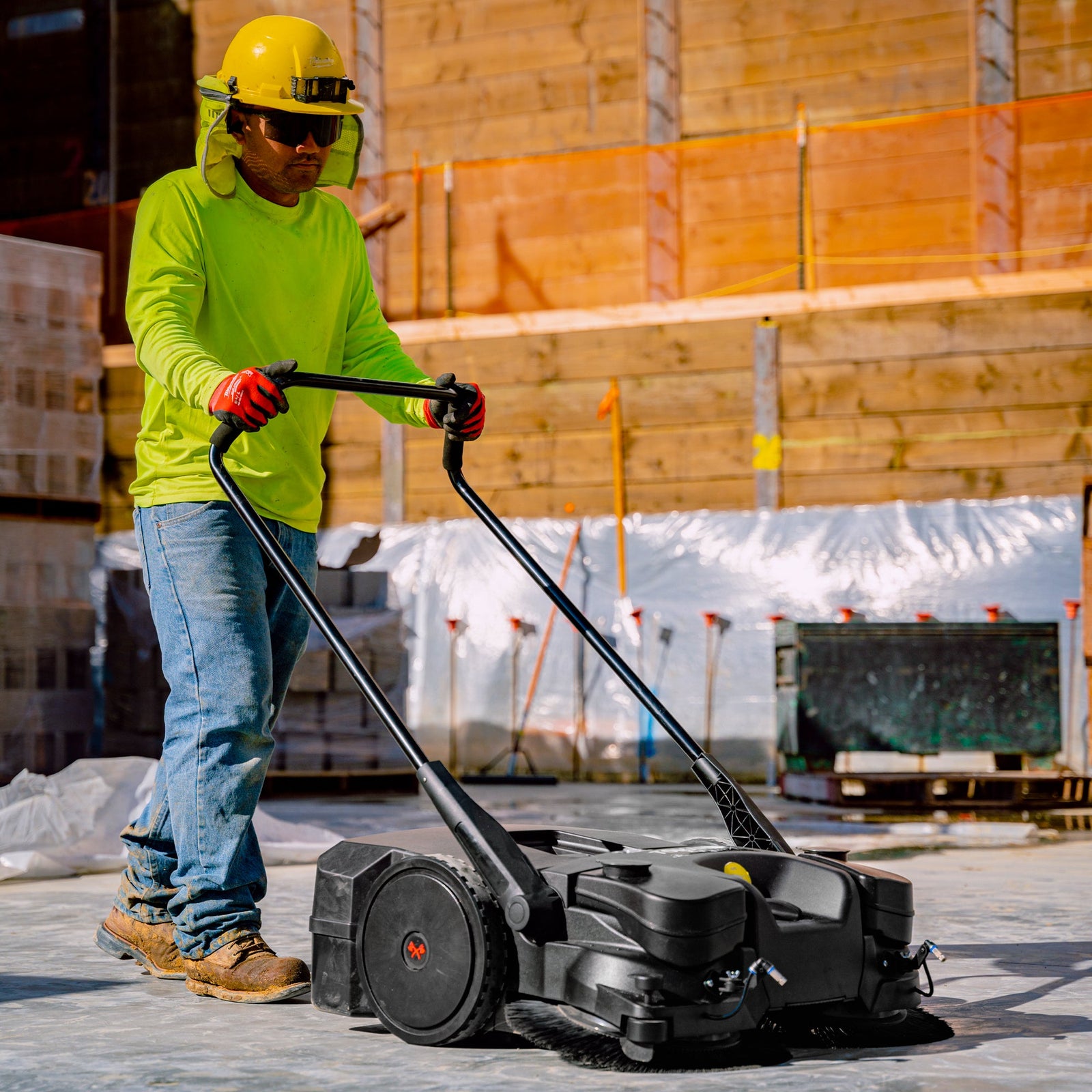 30" Battery Powered Push Sweeper with Triple Power Brooms Electric Drive and Dust Suppression Sprayer