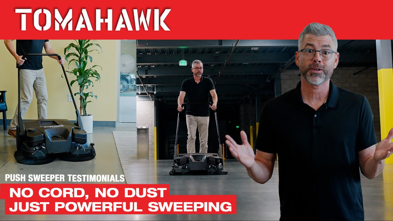 30" Battery Powered Push Sweeper with Triple Power Brooms Electric Drive and Dust Suppression Sprayer
