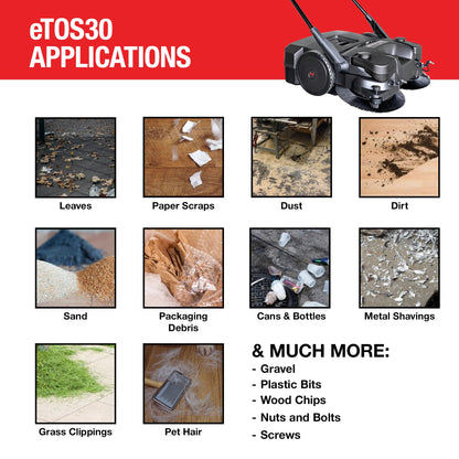 30" Battery Powered Push Sweeper with Triple Power Brooms Electric Drive and Dust Suppression Sprayer