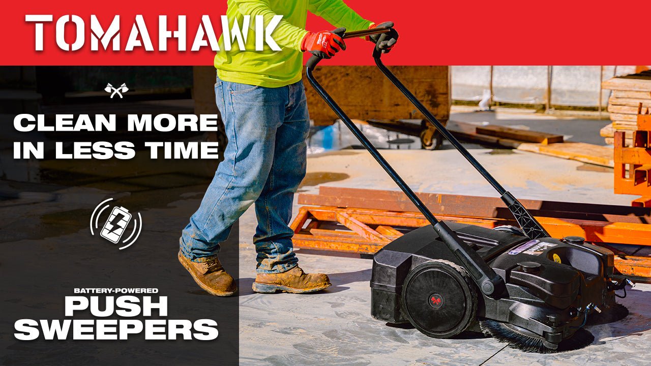 30" Battery Powered Push Sweeper with Triple Power Brooms Electric Drive and Dust Suppression Sprayer
