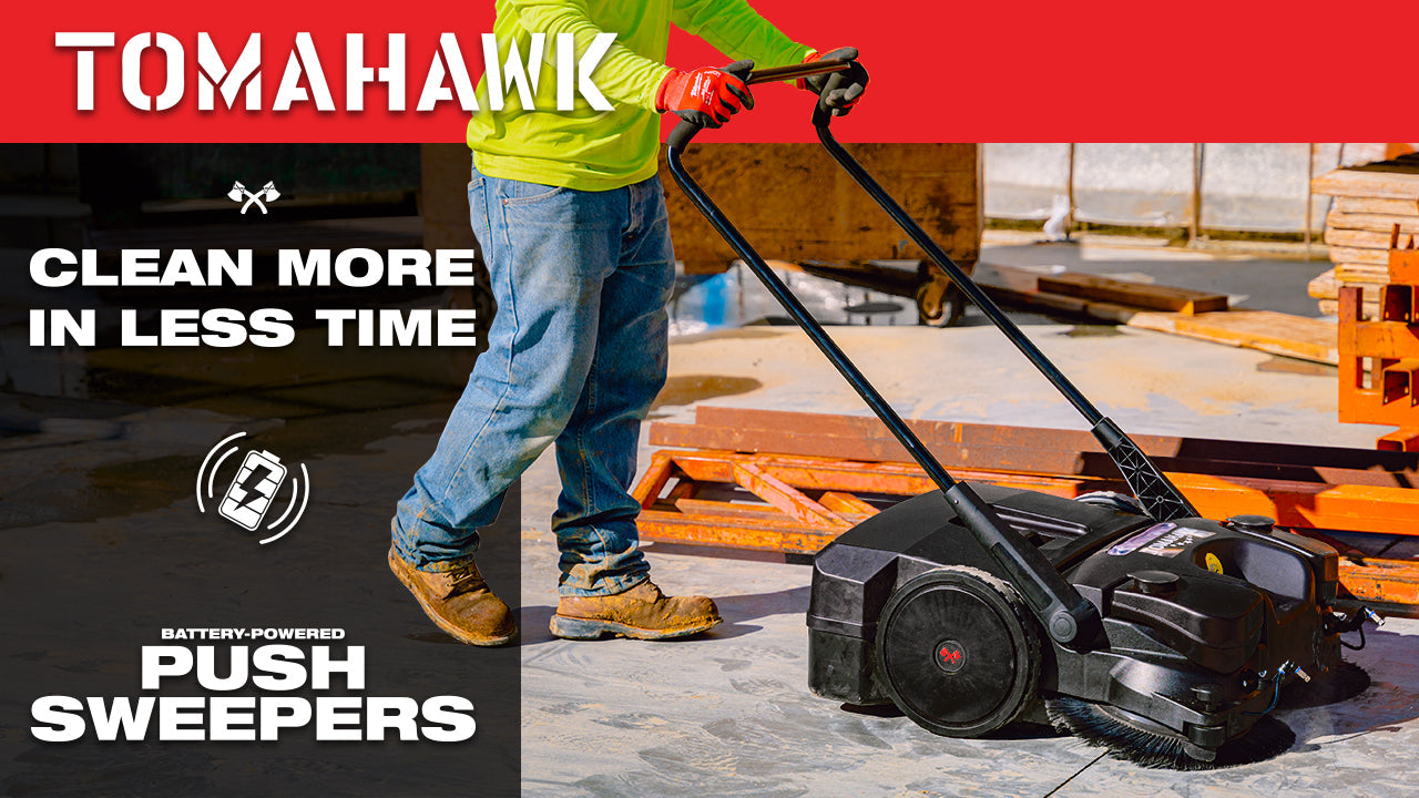 30" Battery Powered Push Sweeper with Triple Power Brooms Electric Drive and Dust Suppression Sprayer